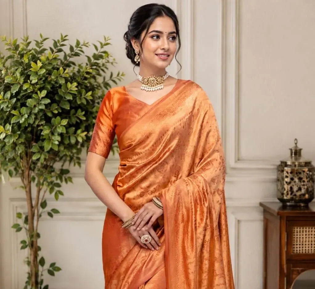 Model wearing orange soft lichi silk saree with rich pallu