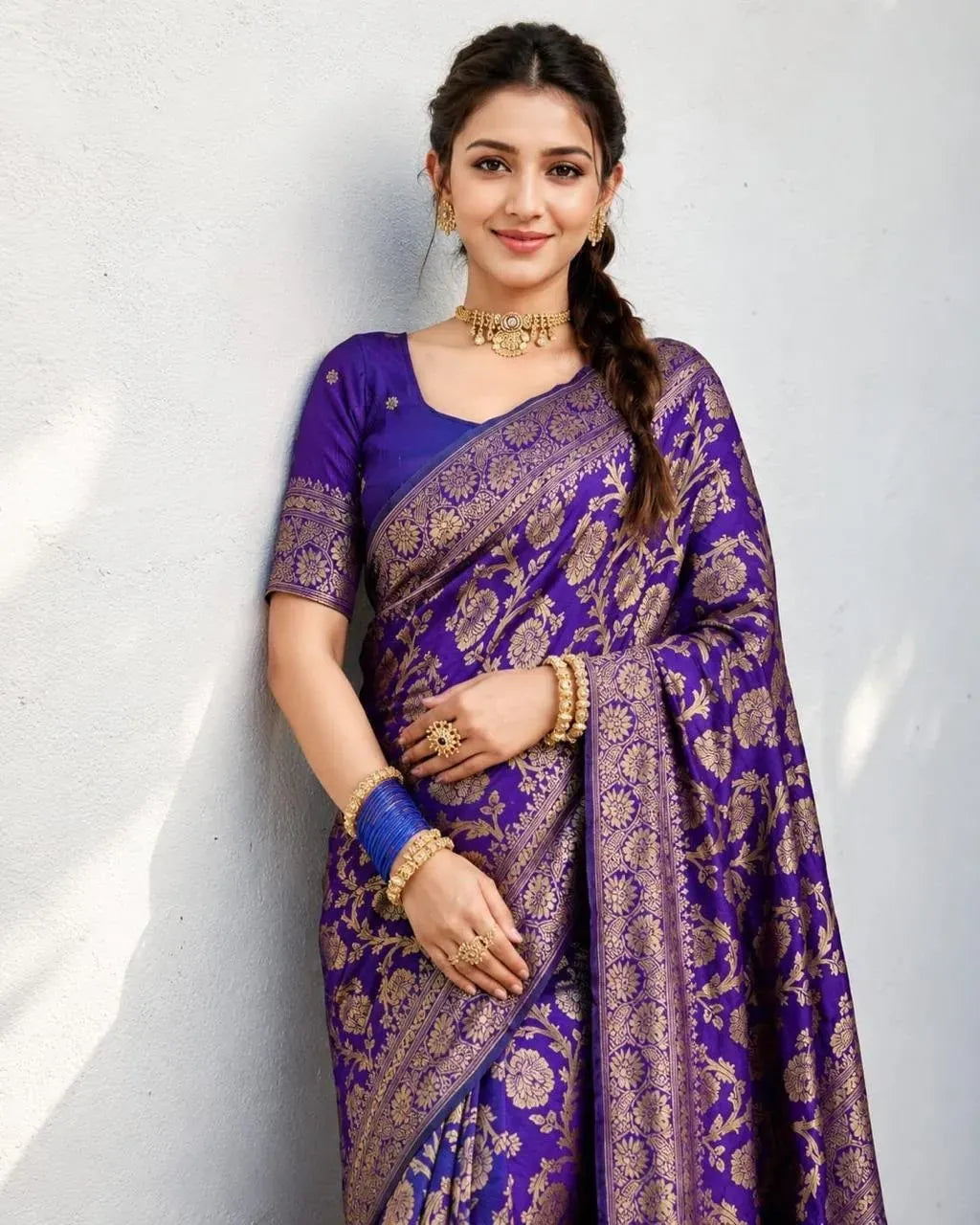 Model wearing purple soft lichi silk banarasi saree with gold zari work