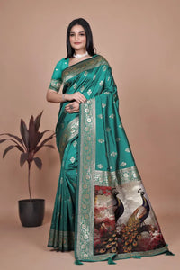 Luxe Banarasi Silk Saree with Artistic Peacock Pallu - Festive & Wedding Wear for Women
