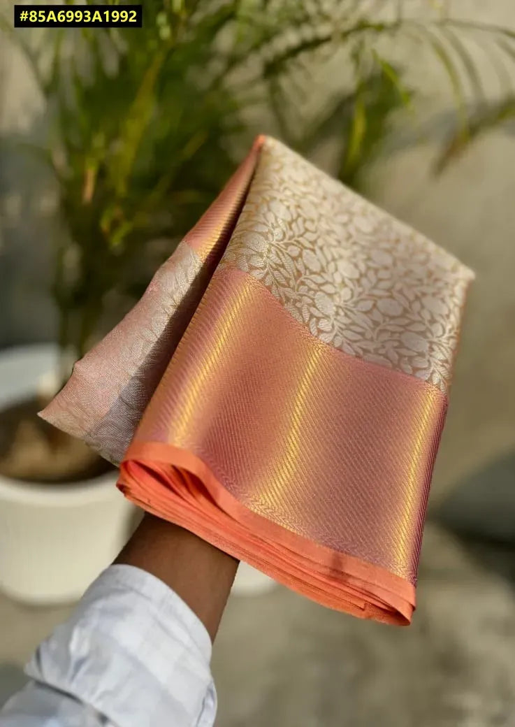 Banarasi Soft Tissue Kanjivaram Saree in pastel pink with gold zari border