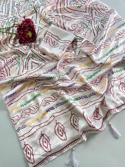 Luxe Bandhani Satin Silk Saree with Festive Mirror Work