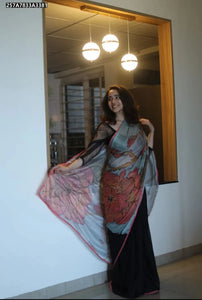 Luxe Black Rangoli Silk Saree - Kalamkari Print & Handwork Beads