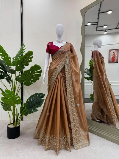 Luxe Burberry Silk Saree with Embroidered Blouse - Elegant Festive Wear for Women