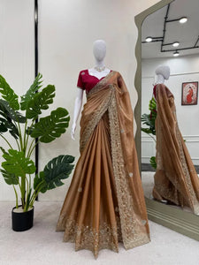 Luxe Burberry Silk Saree with Embroidered Blouse - Elegant Festive Wear for Women