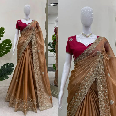 Luxe Burberry Silk Saree with Embroidered Blouse - Elegant Festive Wear for Women