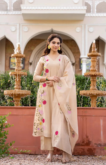 Luxe Chanderi Embroidered Suit Set with Dupatta for Women