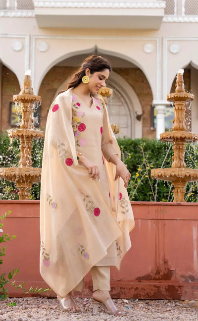 Luxe Chanderi Embroidered Suit Set with Dupatta for Women