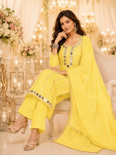 Luxe Chanderi Kurti Pant Dupatta Set - Original Mirror Work Festive Wear