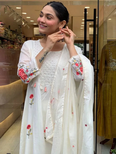 Luxe Chanderi Silk Suit - Elegant Floral Embroidery for Women