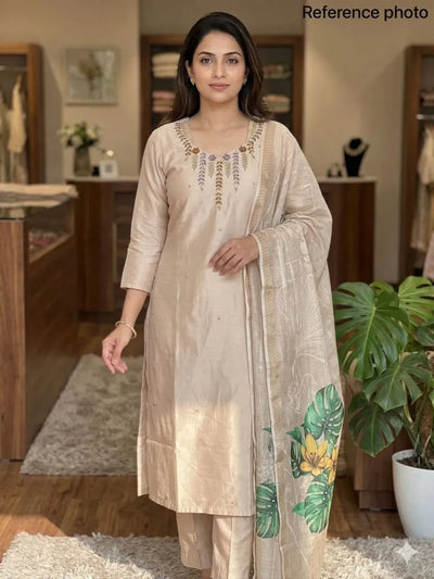 Luxe Chanderi Suit Set - Elegant Handwork Festive Wear with Dupatta