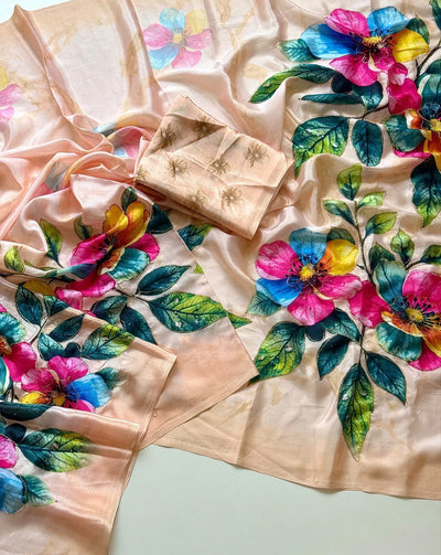 Luxe Chinon Floral Saree with Elegant Aari Work for Festive Prep