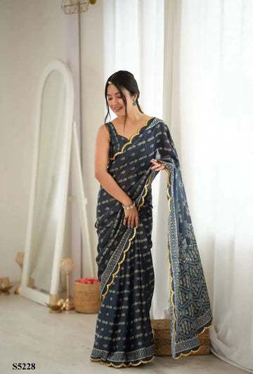 Luxe Chinon Mirror Work Saree - Elegant Digital Printed Festive Wear