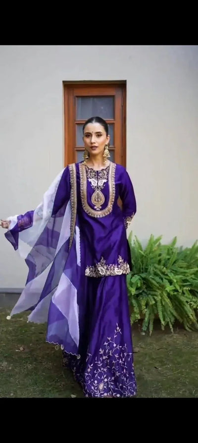 Luxe Chinon Palazzo Suit - Heavy Embroidery & Taby Silk Dupatta