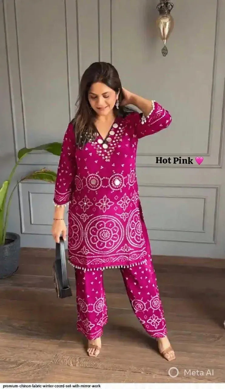Model wearing hot pink chinon silk cord set with hand embroidery
