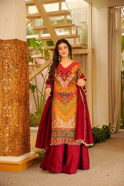Luxe Chinon Silk Sharara Suit Set - Elegant Aari & Mirror Work Festive Wear for Women