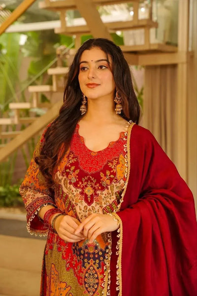 Luxe Chinon Silk Sharara Suit Set - Elegant Aari & Mirror Work Festive Wear for Women