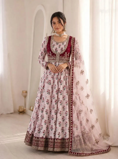 Luxe Crepe Digital Print Gown - Elegant Festive Top and Dupatta Set for Women