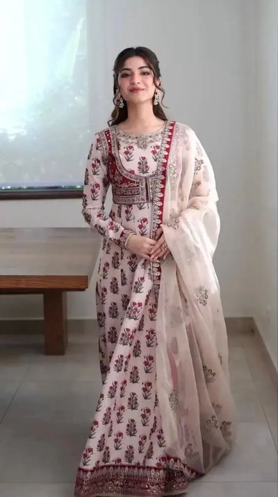 Luxe Crepe Digital Print Gown - Elegant Festive Top and Dupatta Set for Women
