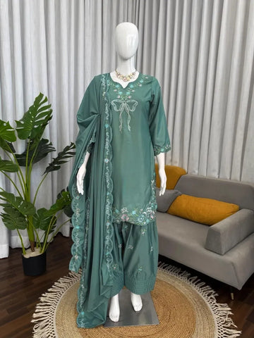Luxe Crepe Farshi Salwar Suit with Sequined Threadwork - Festive Collection for Women