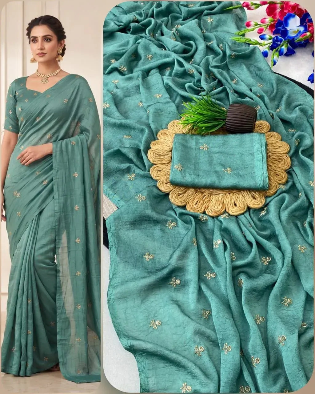 Teal green crush silk saree with sequence work on model