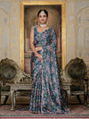 Luxe Designer Chinnon Saree - Ready to Wear Floral Print with Kutchi Mirror Work for Women