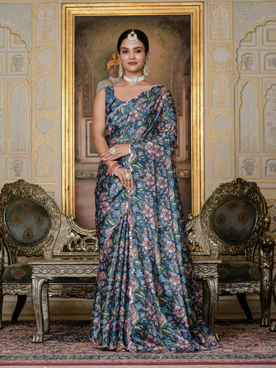 Luxe Designer Chinnon Saree - Ready to Wear Floral Print with Kutchi Mirror Work for Women