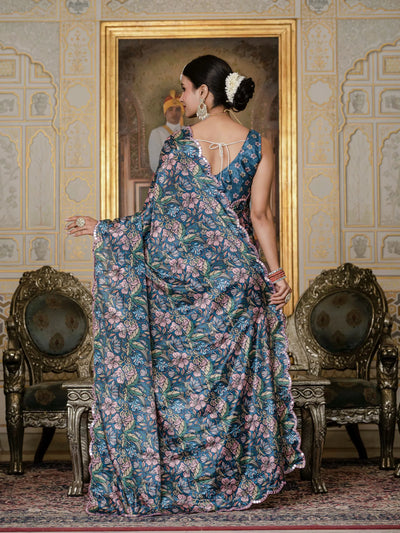 Luxe Designer Chinnon Saree - Ready to Wear Floral Print with Kutchi Mirror Work for Women