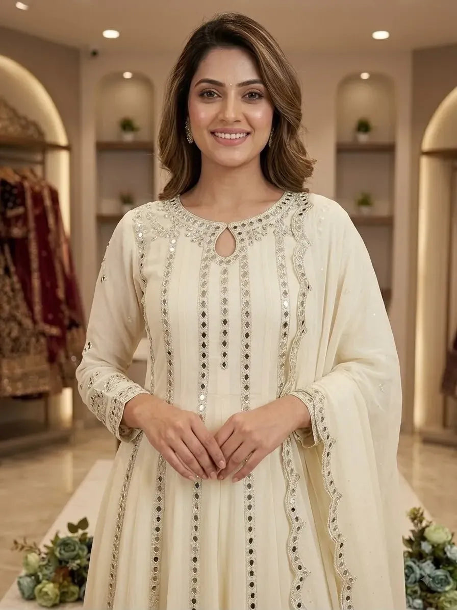 Front-facing view of model wearing a cream georgette gown with mirror work