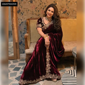 Luxe Designer Velvet Saree - Embroidered Sequence for Wedding & Parties