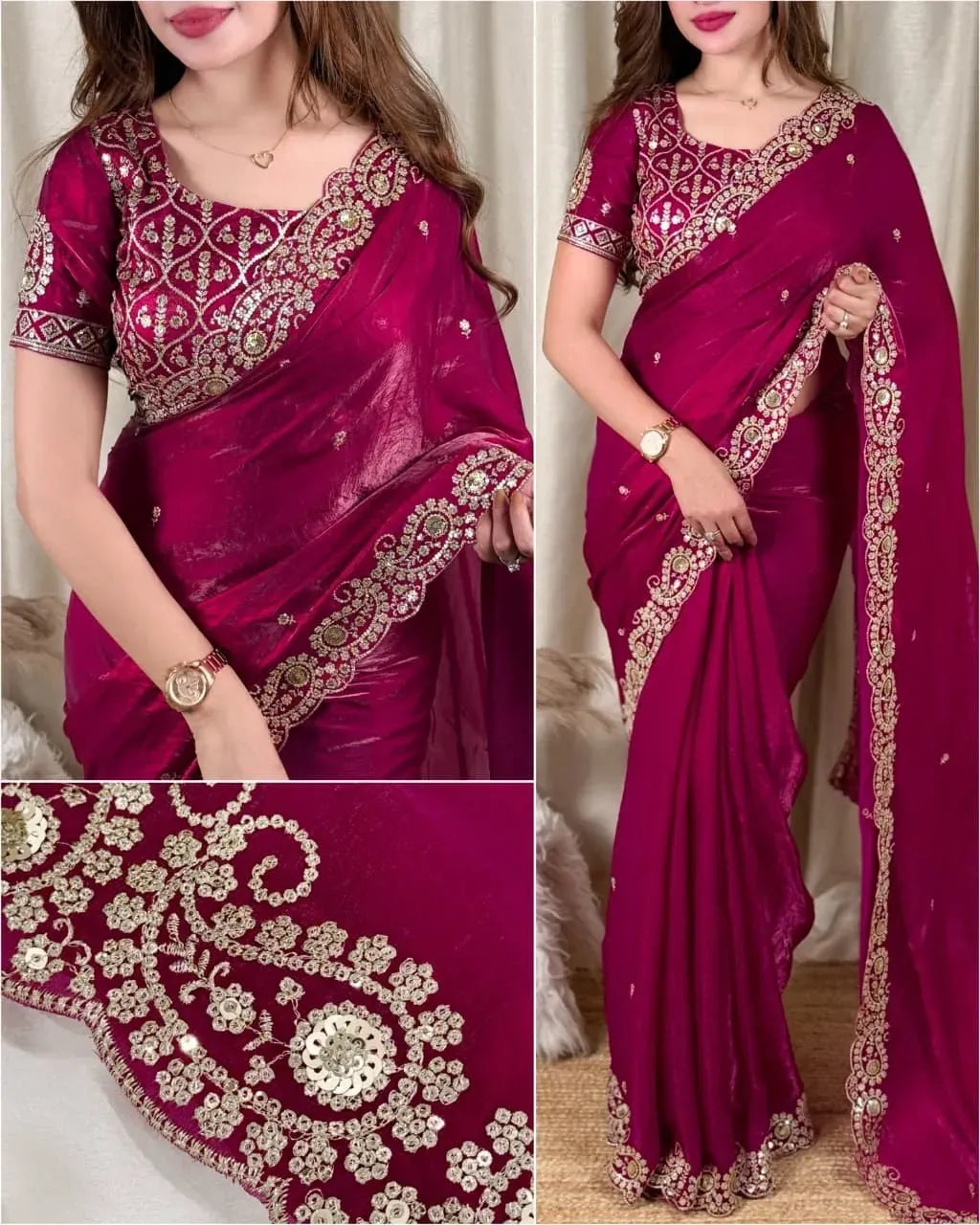 Magenta dual tone satin saree with zari and sequin embroidery on model