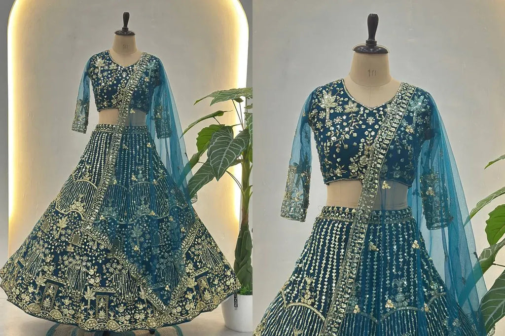 Premium Teal Blue Butterfly Net Embroidered Lehenga