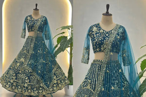 Premium Teal Blue Butterfly Net Embroidered Lehenga Choli Set for Festive Weddings