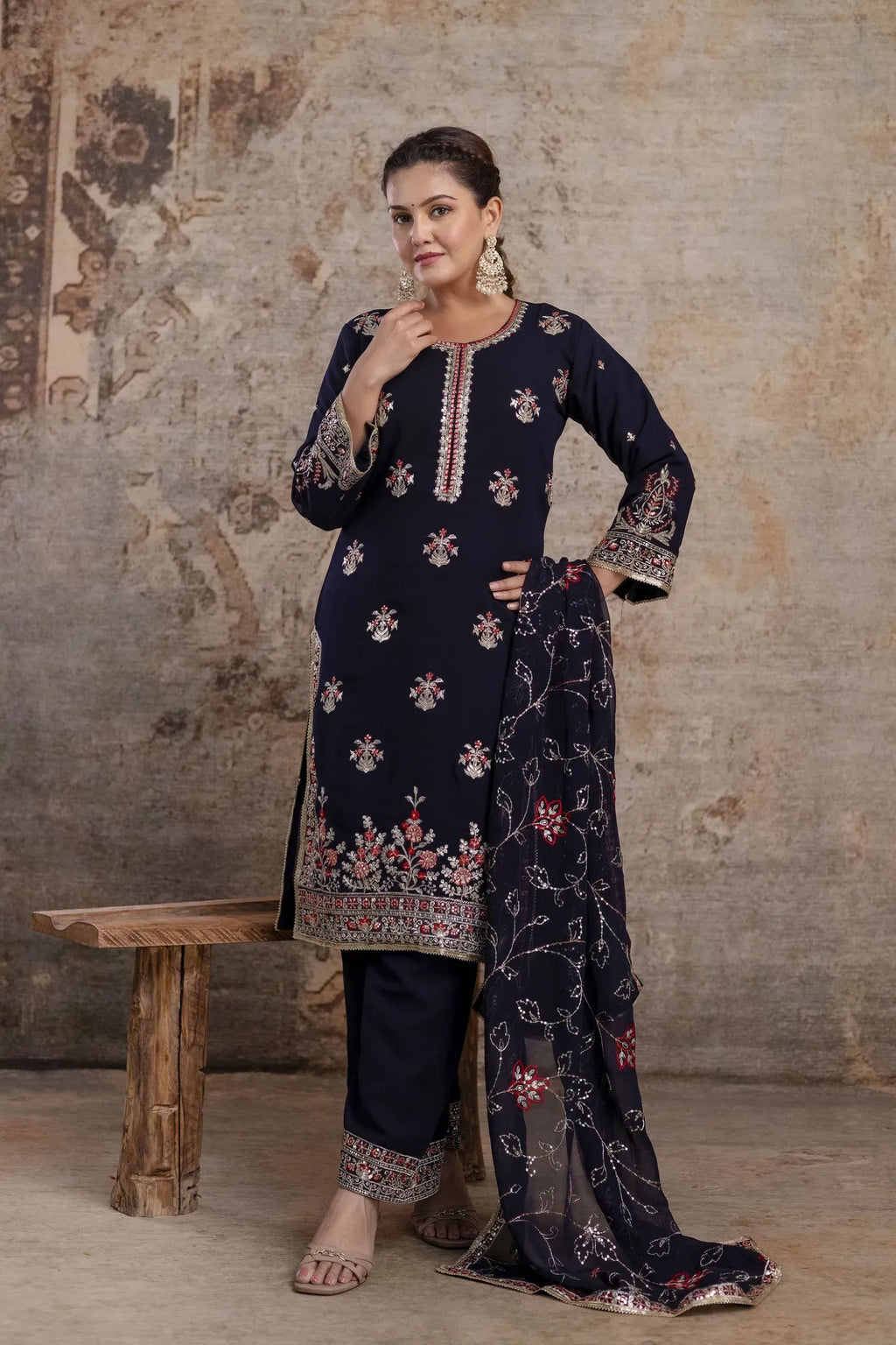 Navy blue faux georgette embroidered suit set on model