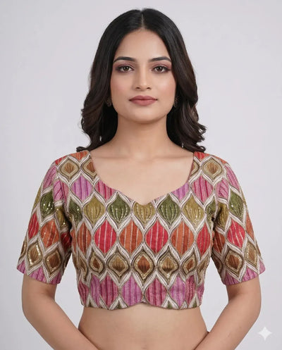 Luxe Embroidered Viscose Blouse - Padded Sweetheart Neck Design for Festive & Wedding Wear