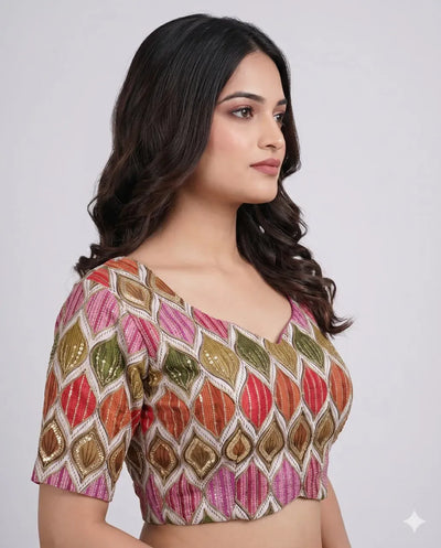 Luxe Embroidered Viscose Blouse - Padded Sweetheart Neck Design for Festive & Wedding Wear