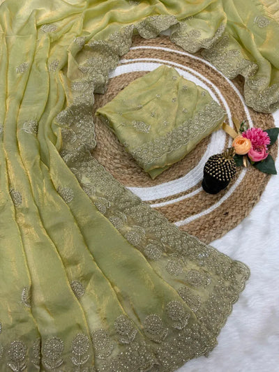 Luxe Fandy Satin Saree - Embroidered Cutwork Border for Women