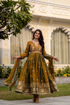 Luxe Fendy Satin Anarkali Gown with Heavy Embroidery for Festive Weddings