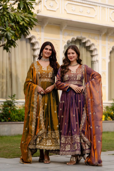 Luxe Fendy Satin Anarkali Gown with Heavy Embroidery for Festive Weddings