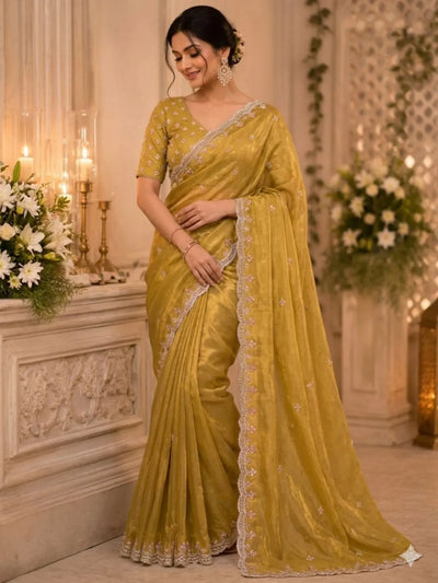 Luxe Fendy Satin Saree - Heavy Beads Work Wedding Wear for Women