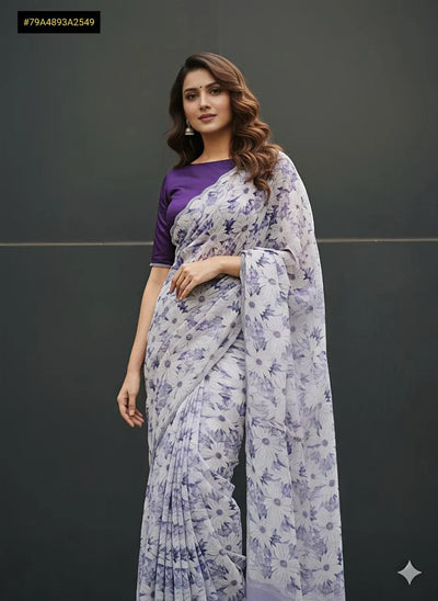 Luxe Floral Georgette Saree - Swarovski Stone Scallop Border Festive Wear for Women