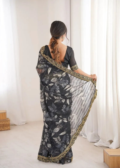 Luxe Floral Print Saree - Elegant Sequin Embroidery for Festive Prep