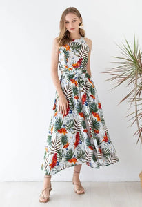 Luxe Floral Printed Linen Cotton Maxi Dress - Elegant Halter Neck Sundress for Women