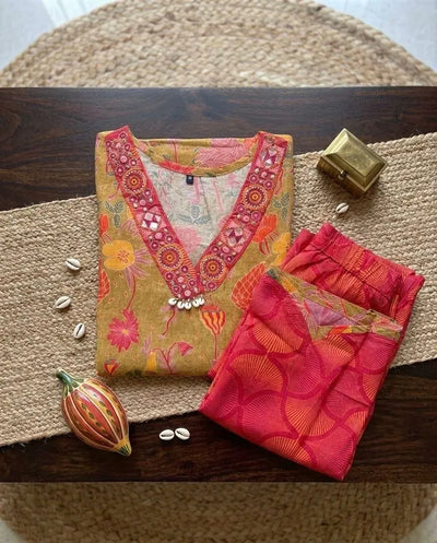 Luxe Floral Silk Co-Ord Set with Handcrafted Mirror Work for Festive Women's Wear