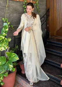 Premium French Crepe Embroidered Farshi Pant Suit with Silk Dupatta for Festive Wear