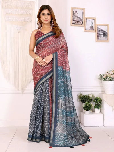 Luxe Geometric Print Chanderi Saree - Lightweight Festive Wear for Women