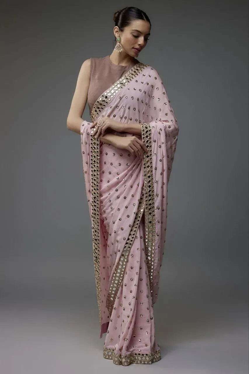 Luxe Georgette Saree - Trending Sequins Work with Banglori Silk Blouse for Festive Wear in Pink