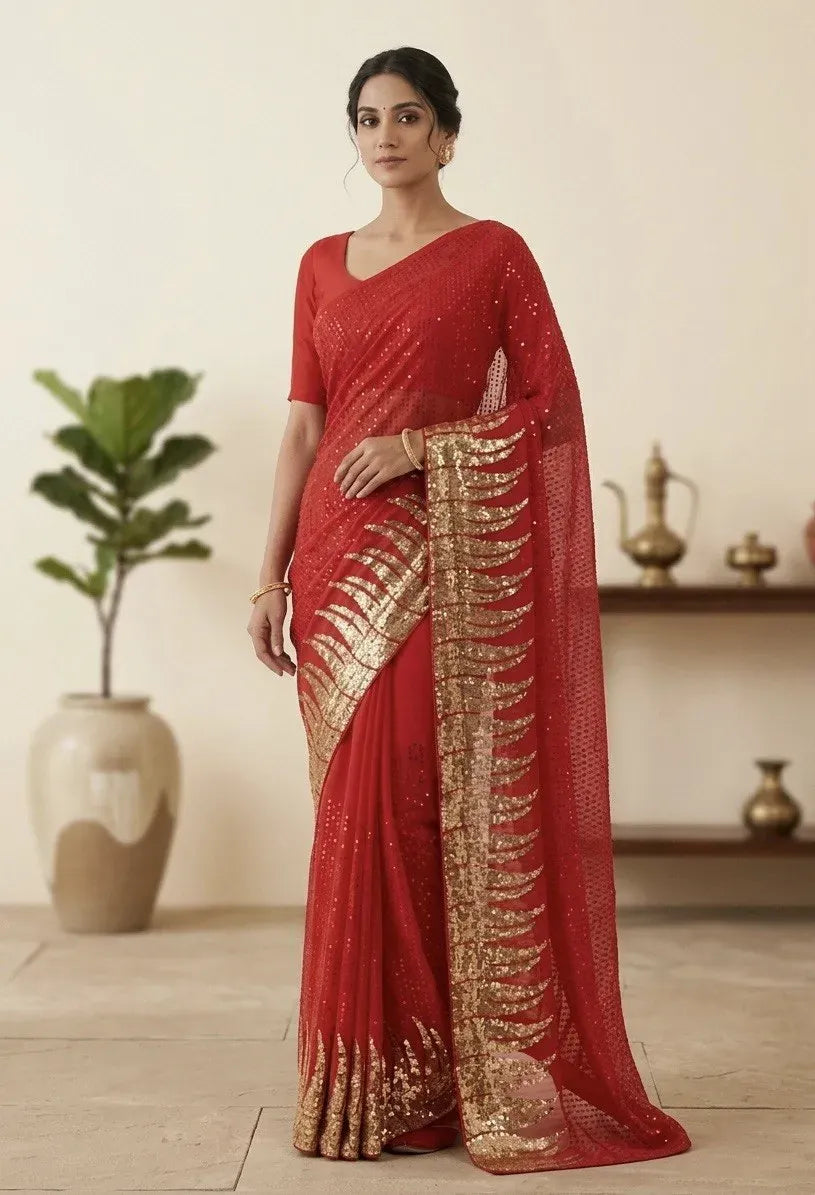 Woman posing in a vibrant red georgette saree adorned with glistening gold sequin flame patterns along the border