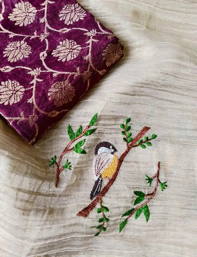 Luxe Gold Crush Saree with Embroidered Bird Motif - Elegant Festive Wear for Women