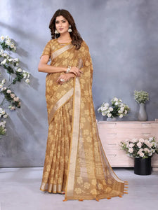 Luxe Golden Linen Shimmer Saree - Elegant Floral Woven Festive Wear for Women