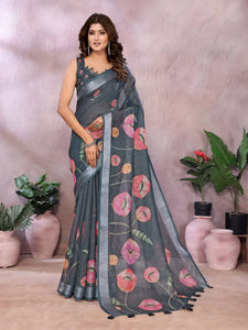 Luxe Grey Floral Linen Shimmer Saree with Elegant Border - Festive Wear for Women